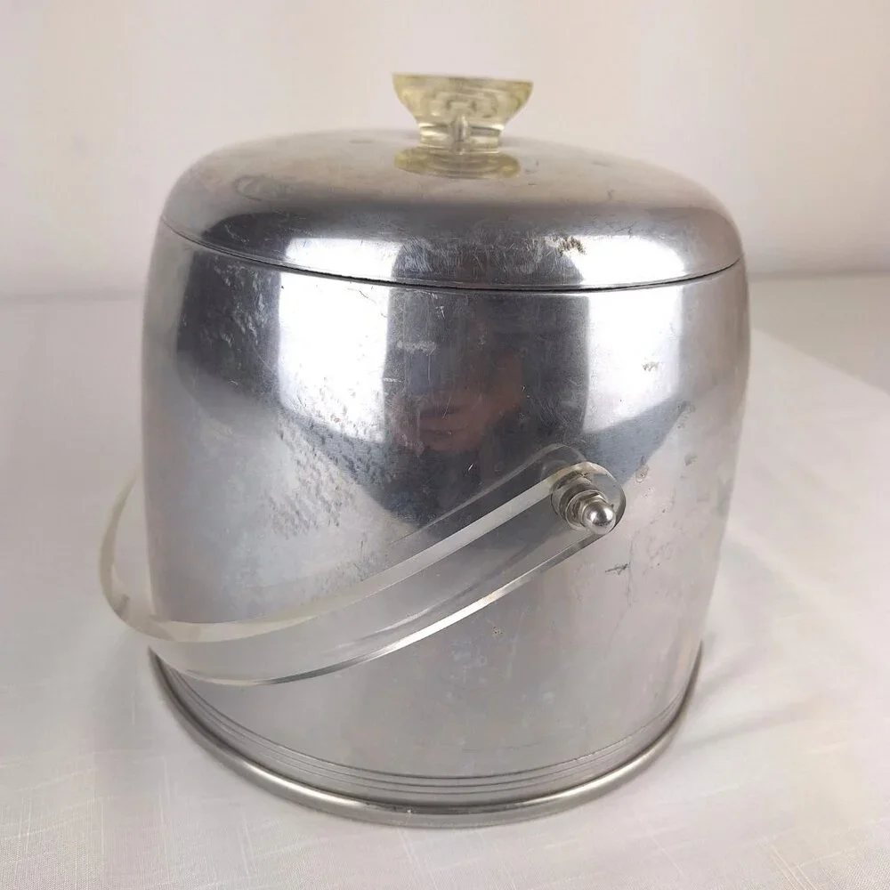 Vintage Kromex Ice Bucket Atomic Age Retro Aluminum 1950-60sClear Lucite Handle